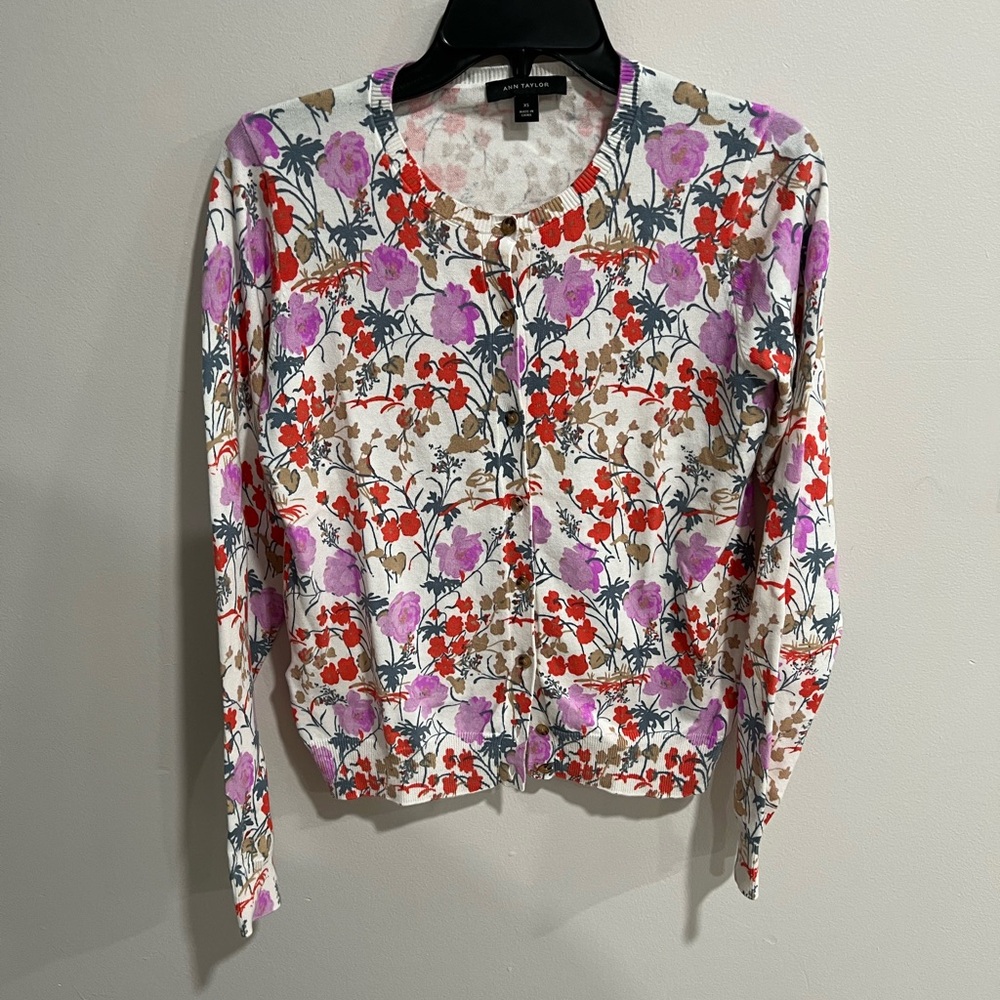 Ann Taylor Button-Front Floral Cardigan